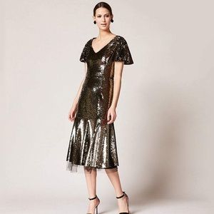 SACHIN & BABI NUR METALLIC GOLD SEQUIN RUFFLE TULLE TRIM V-NECK MIDI DRESS 16